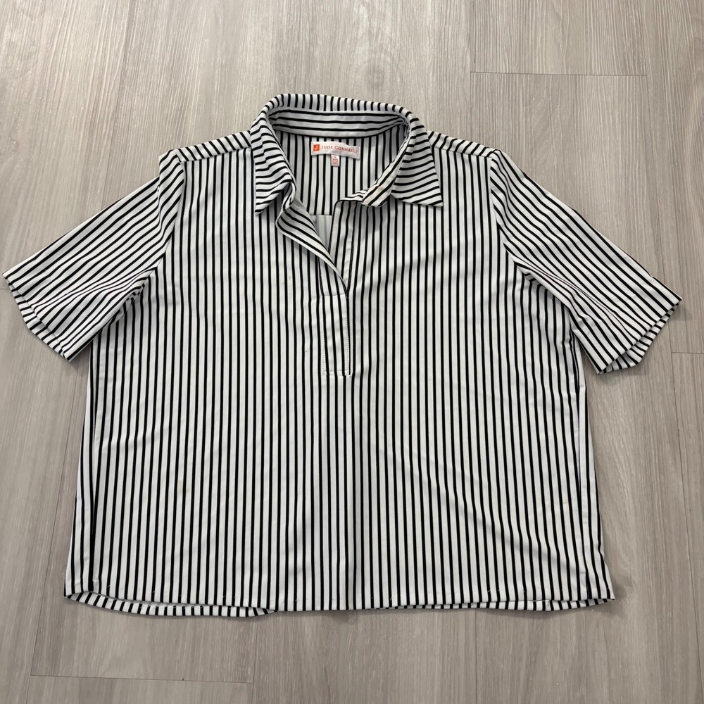Jude Connally Womens Shirt Black White Striped Short Sleeve Polo Top Size L
